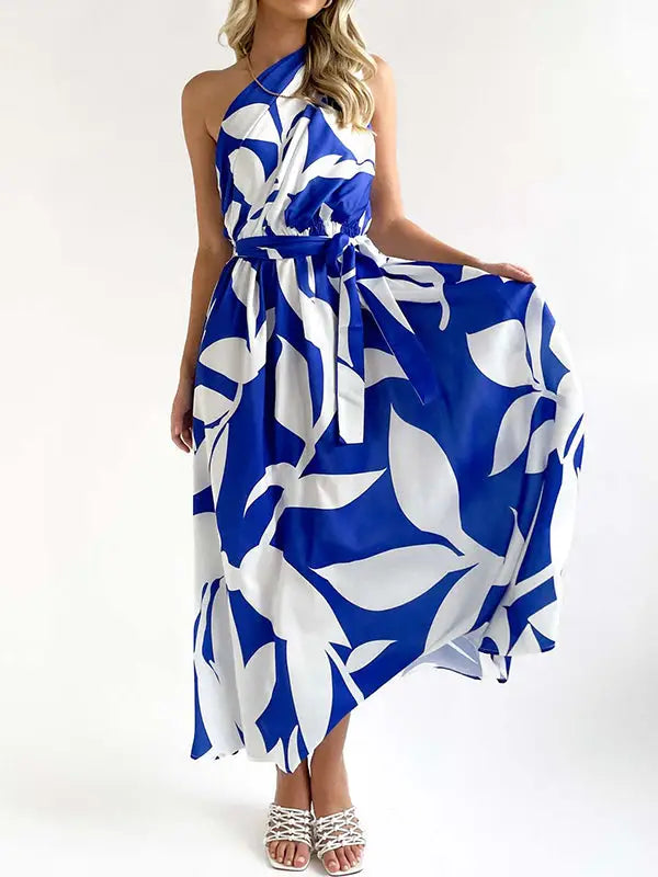 Blue & White One Shoulder Maxi Dress