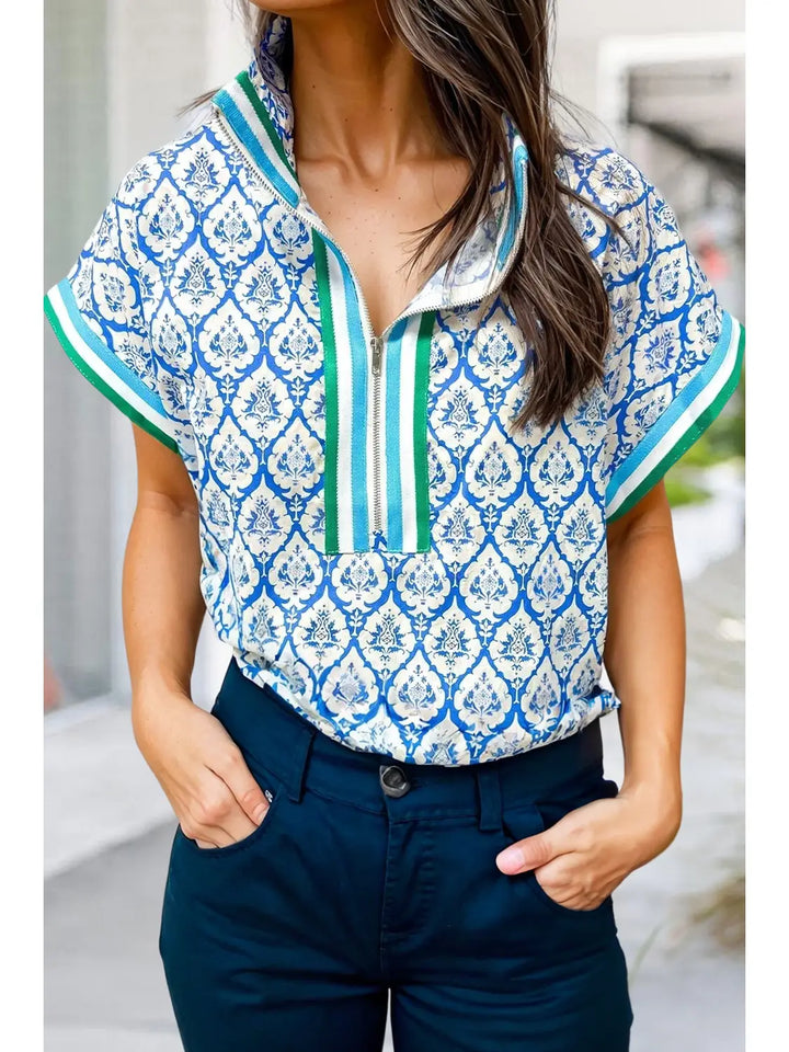Sophia Blue Damask Trimmed Top