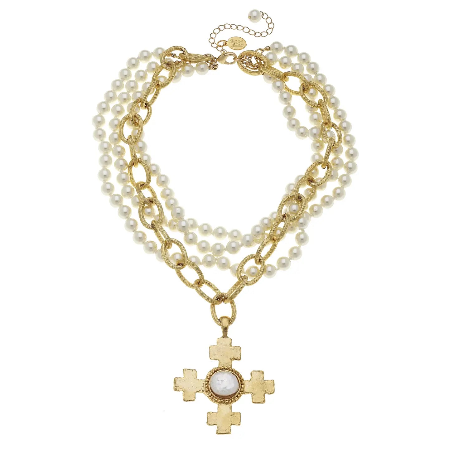 Gold Cross Triple Pearl Strand Necklace