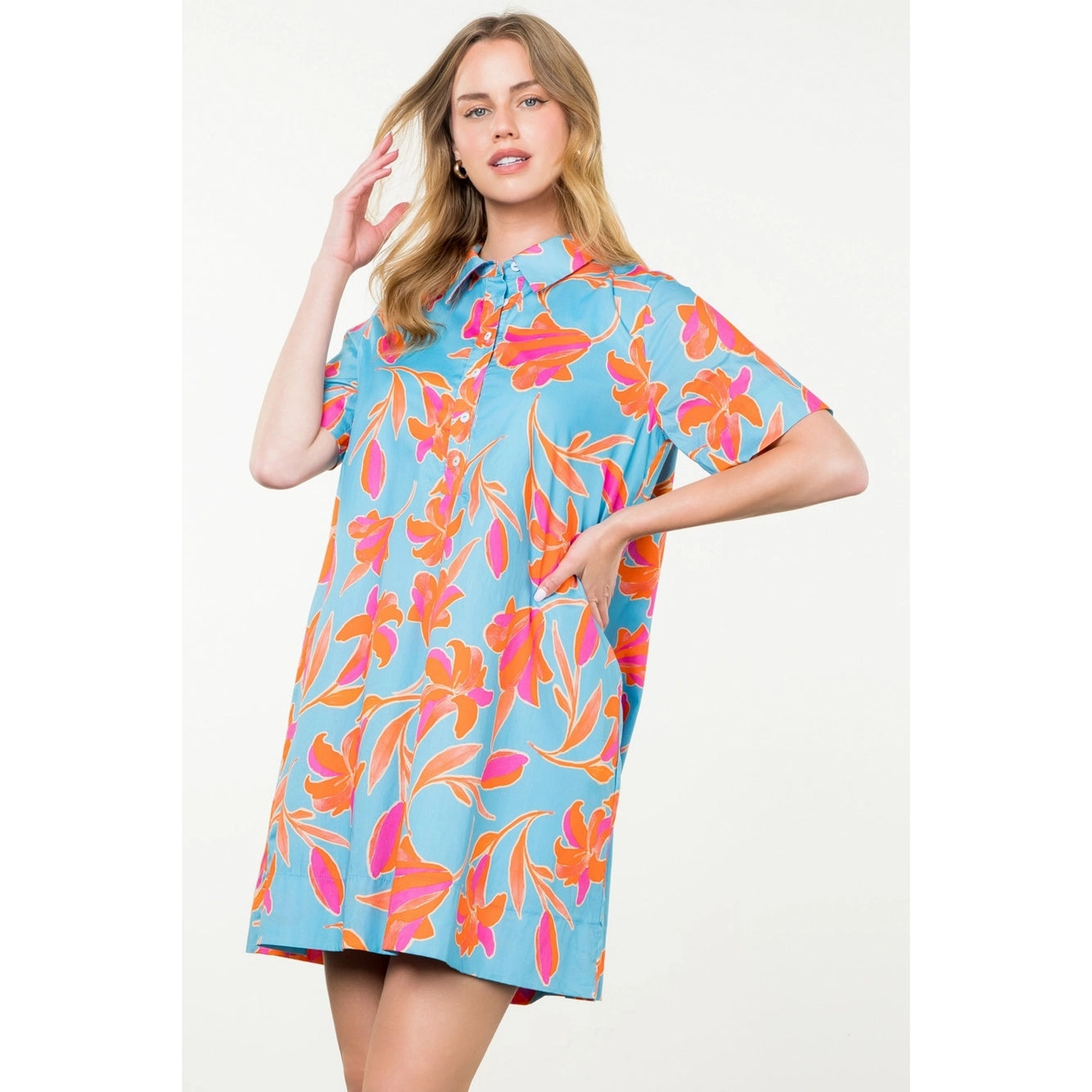 Belle Blue & Orange Floral Shirt Dress