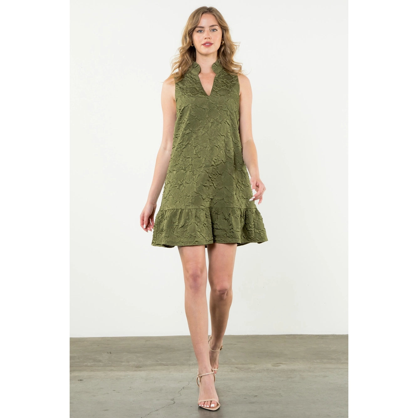 Olivia Sleeveless Textured Olive Green Dress