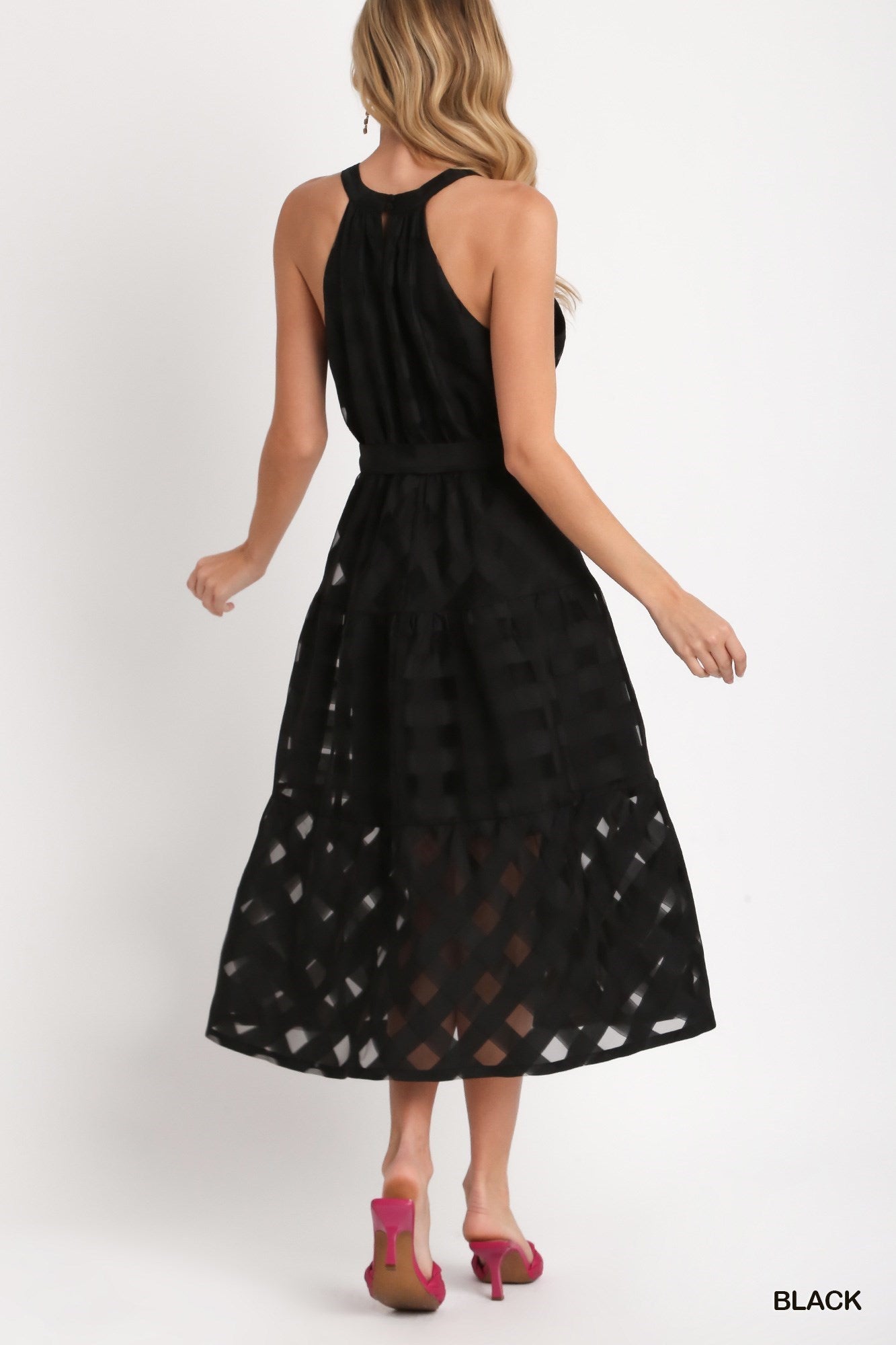 Black Halter Windowpane Midi Dress