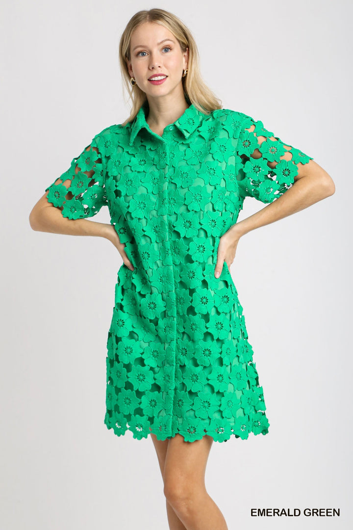 Green Floral Lace Shirt Dress