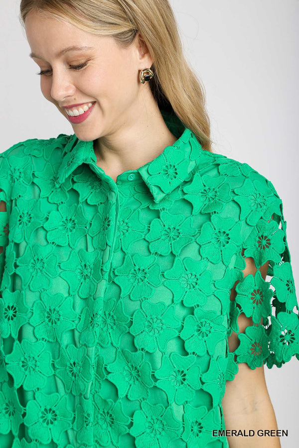 Green Floral Lace Shirt Dress