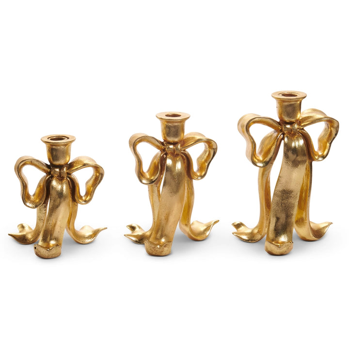 Gold Bow Taper Candle Holder Pair