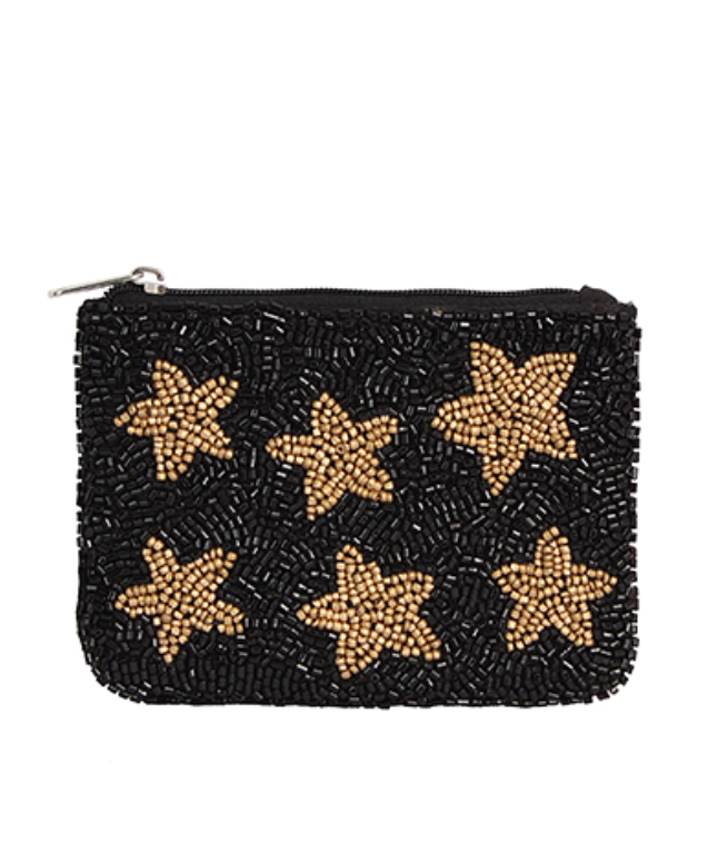 Black with Gold Stars Beaded Pouch