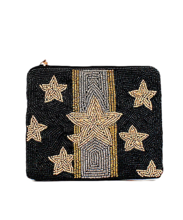 Gold Stars & Stripe Black Beaded Pouch