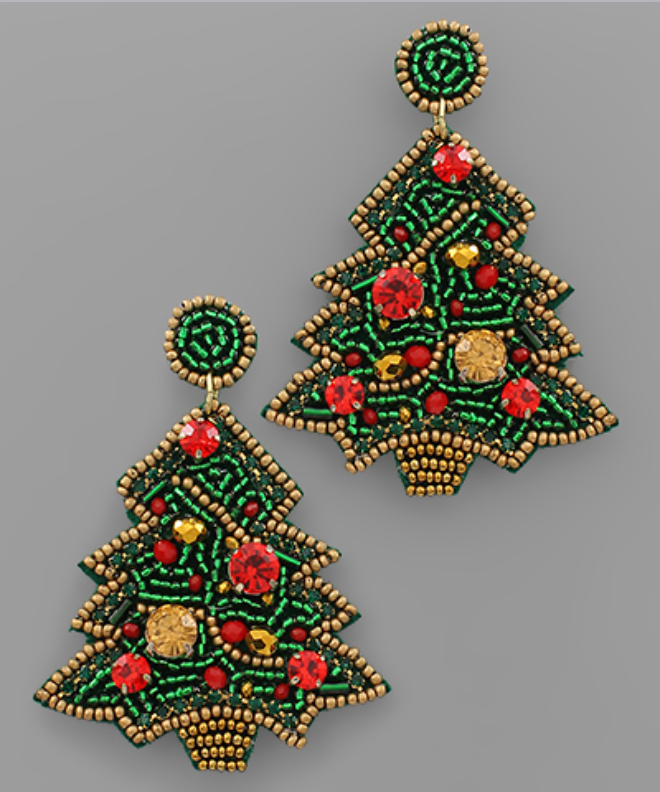 Jeweled Beaded Christmas Tree Earrings