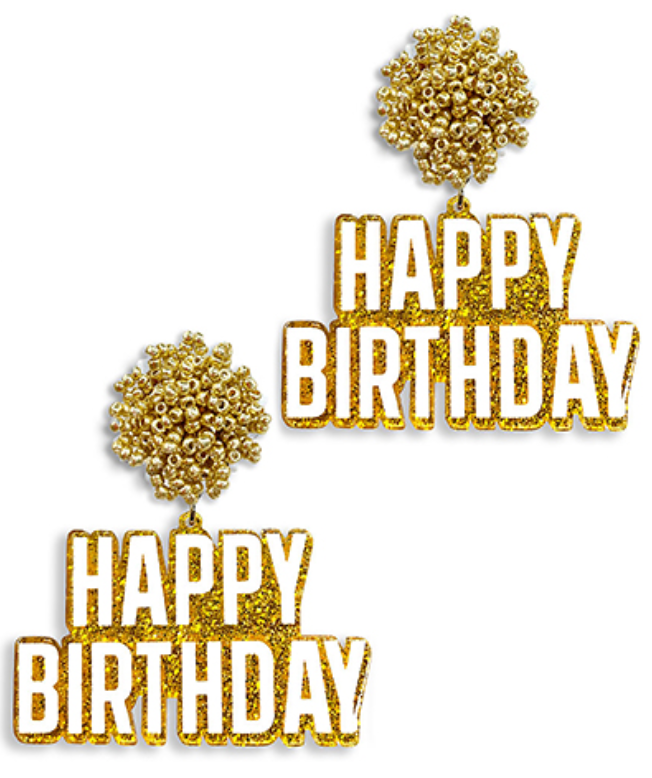 Gold Acrylic & Beaded Happy Birthday Earrings