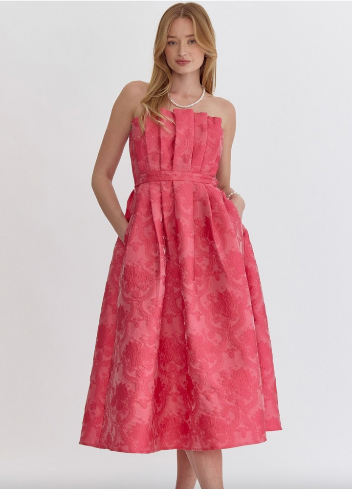 Pink Embroidered Strapless Midi Dress