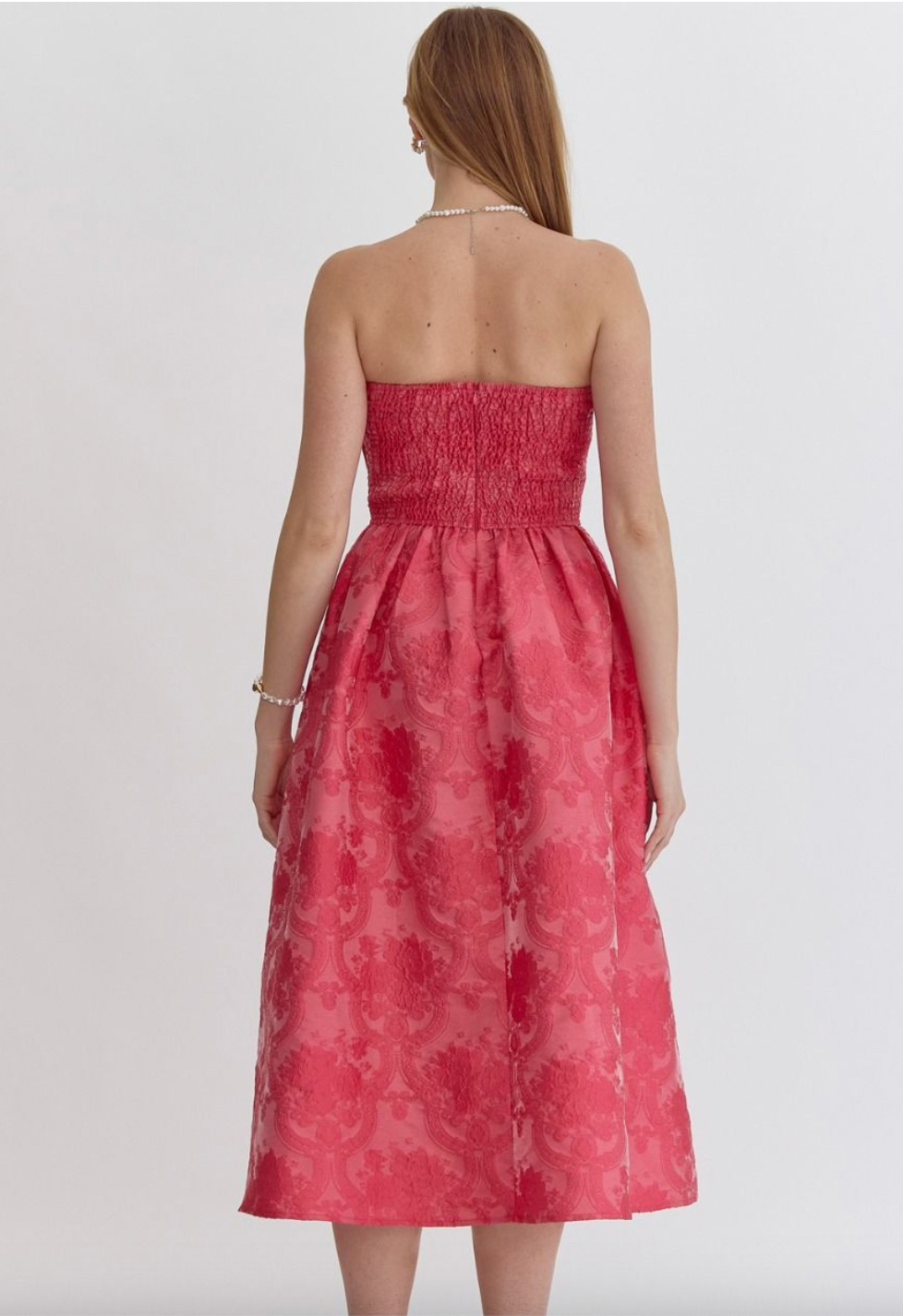 Pink Embroidered Strapless Midi Dress
