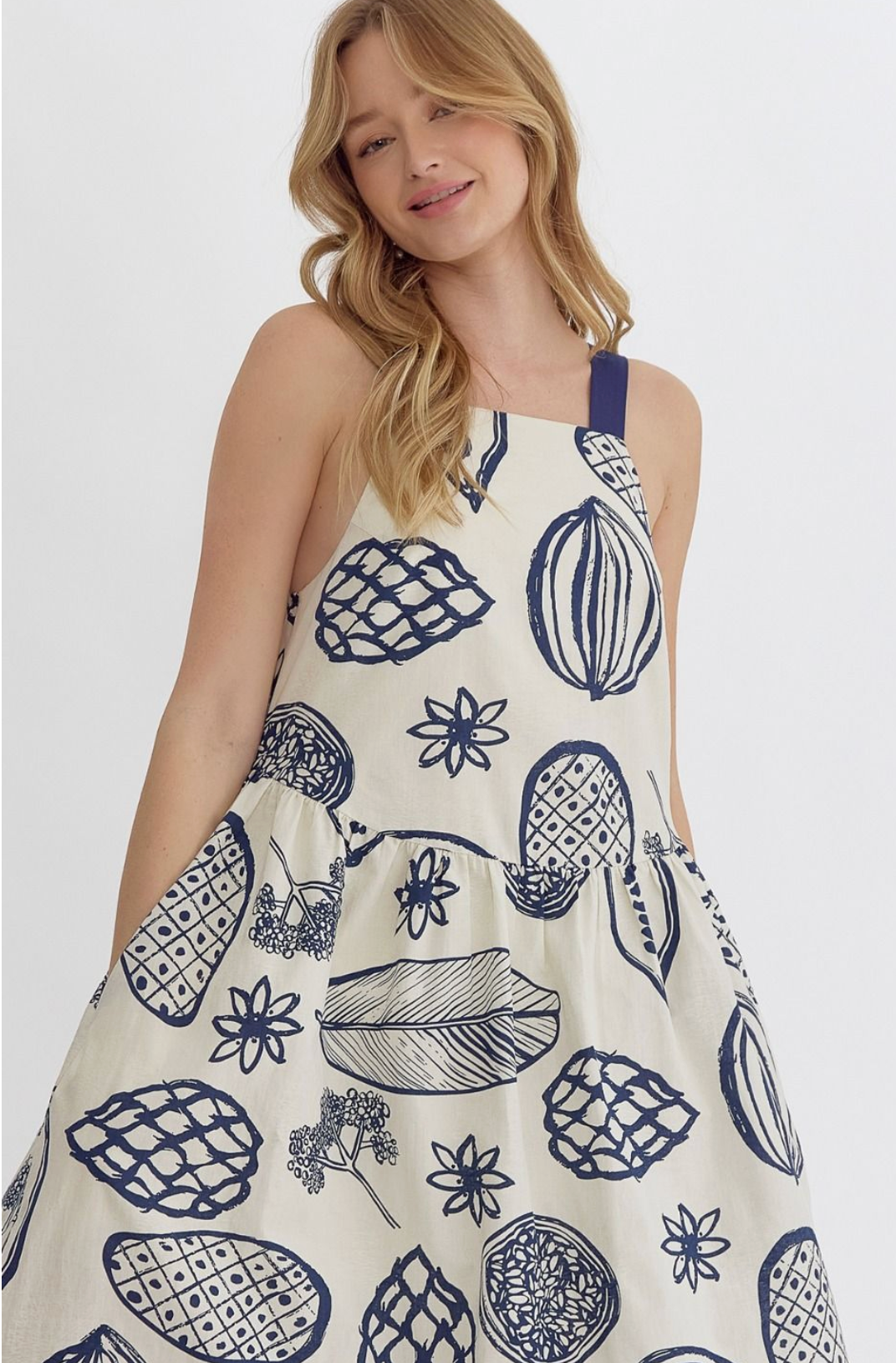 Blue & White Fruit Midi Dress