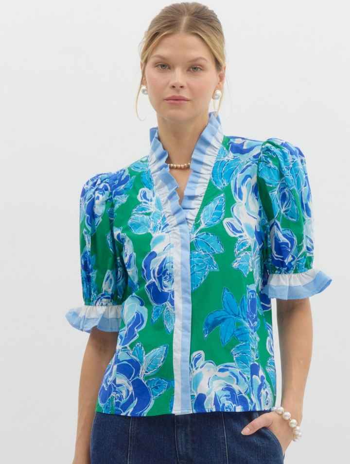 Layla Blue Green Floral Blouse