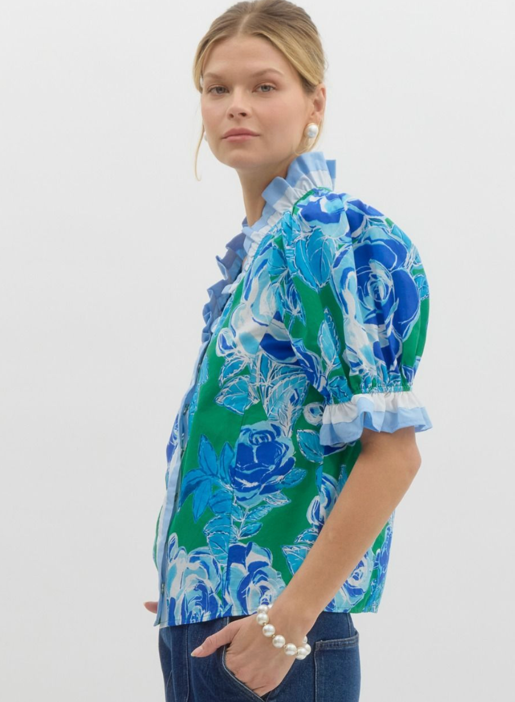 Layla Blue Green Floral Blouse