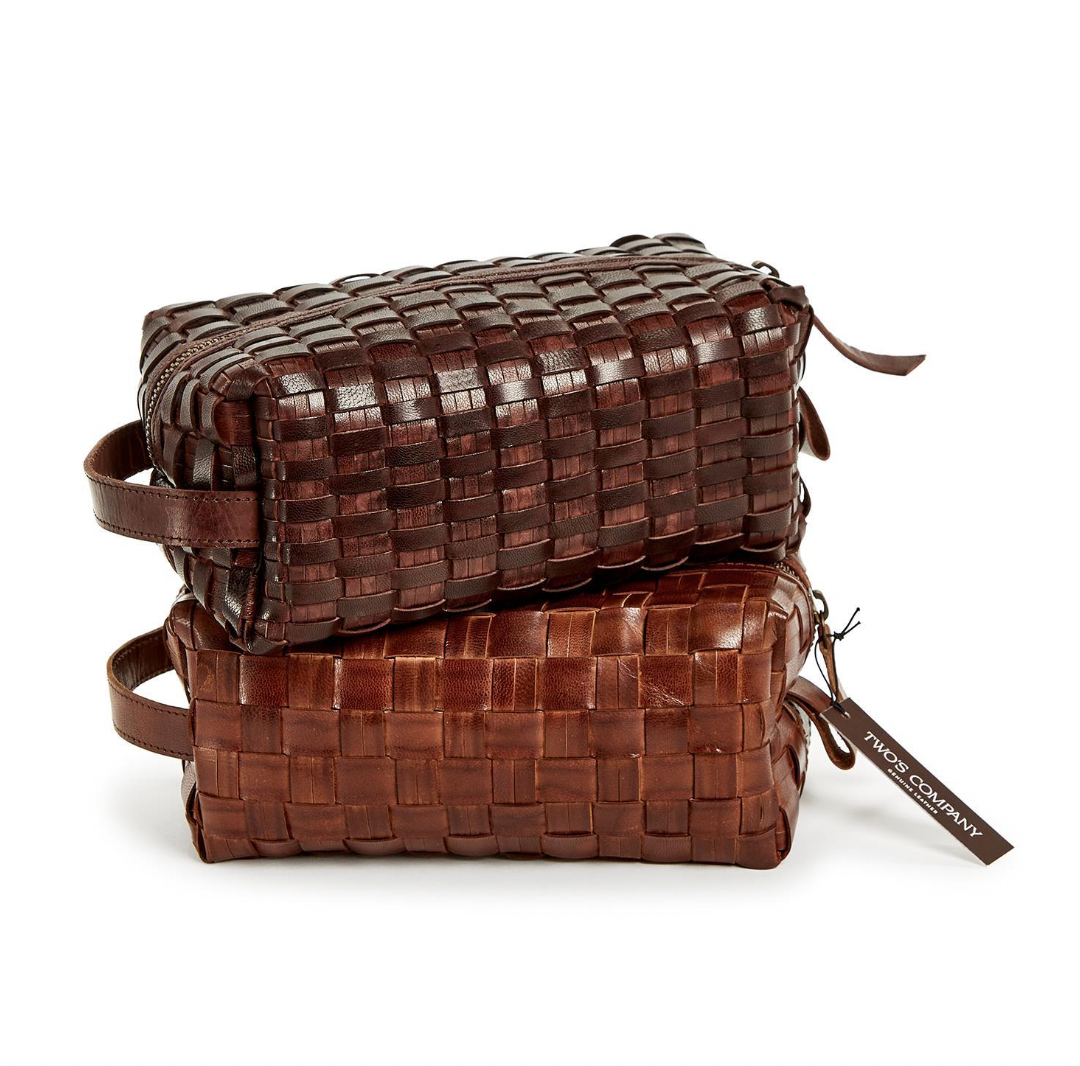 Brown Woven Leather Dopp Kit