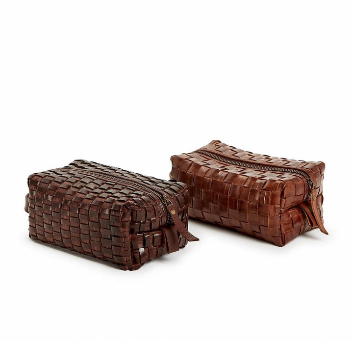 Brown Woven Leather Dopp Kit