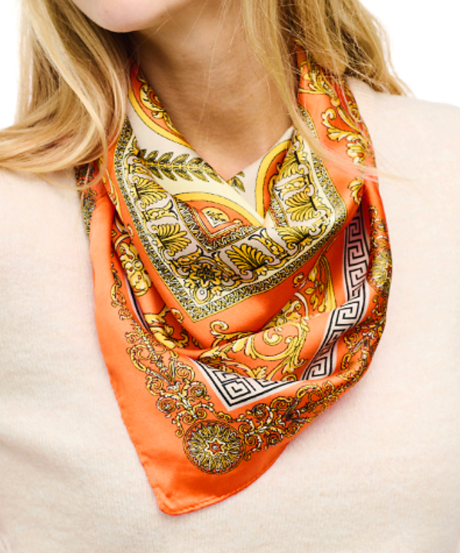 Greek Key & Floral Silk Faux Scarf