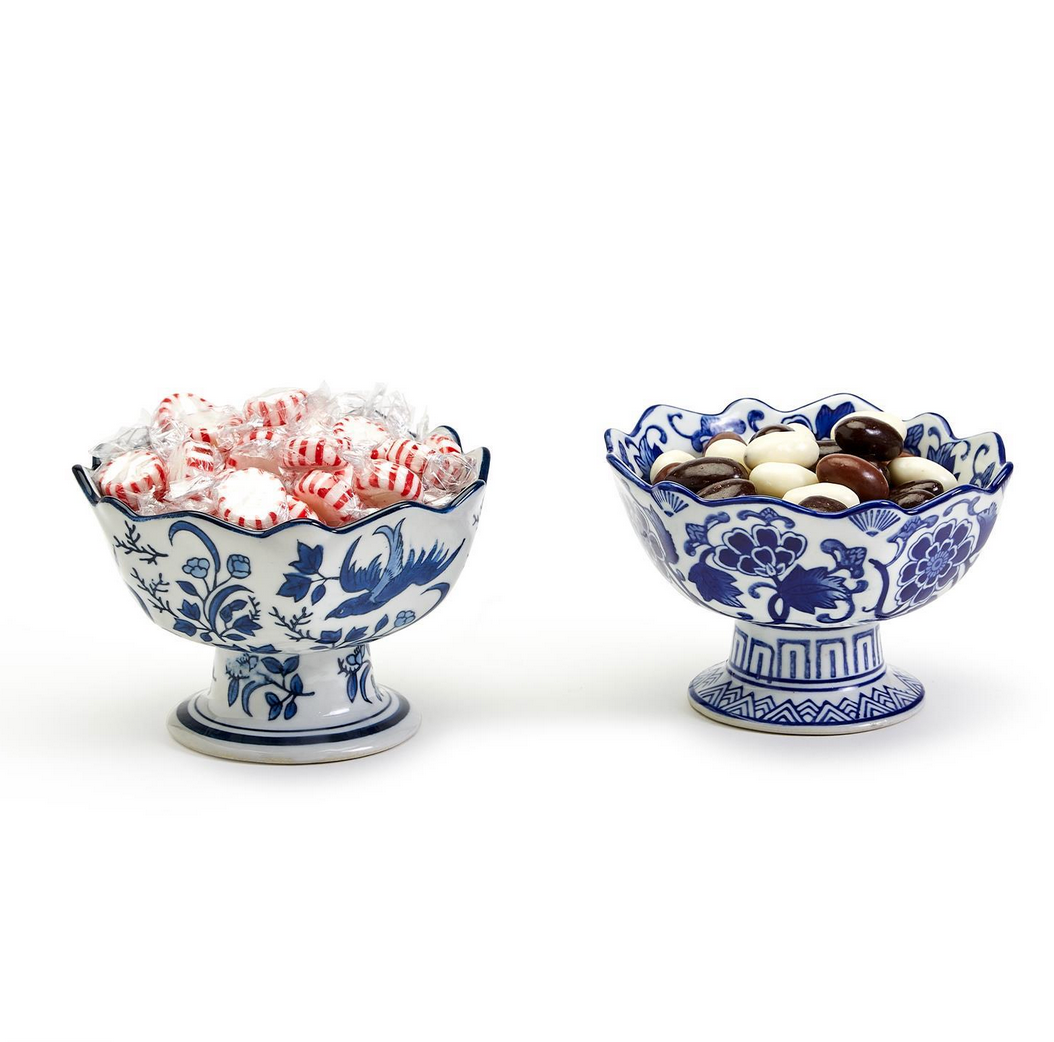 Scalloped Blue & White Pedestal Bowl