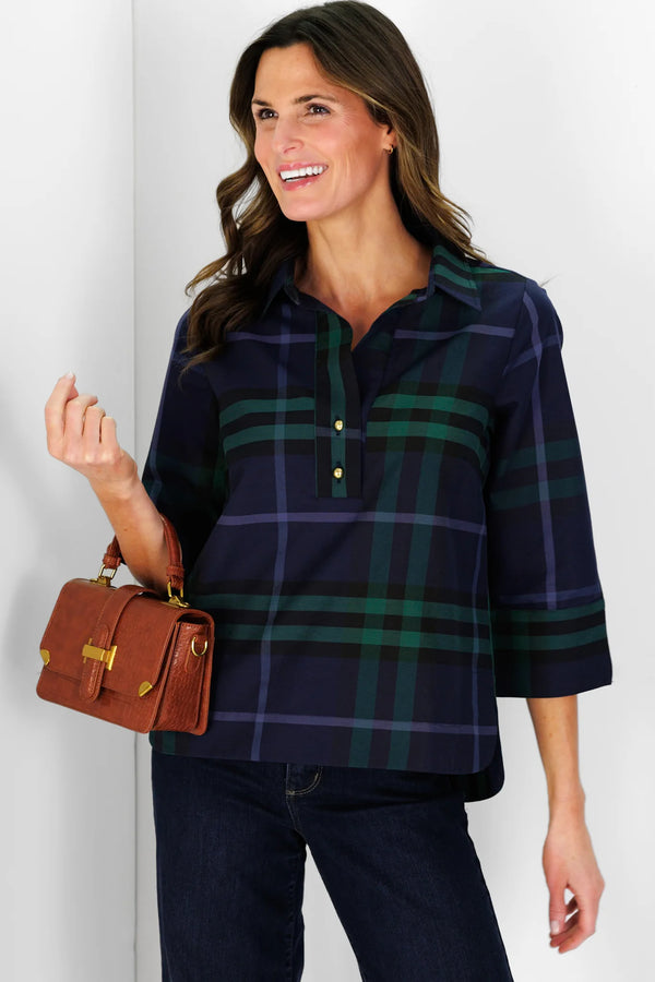 Tory Navy Plaid Popover Top