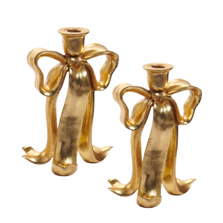Gold Bow Taper Candle Holder Pair