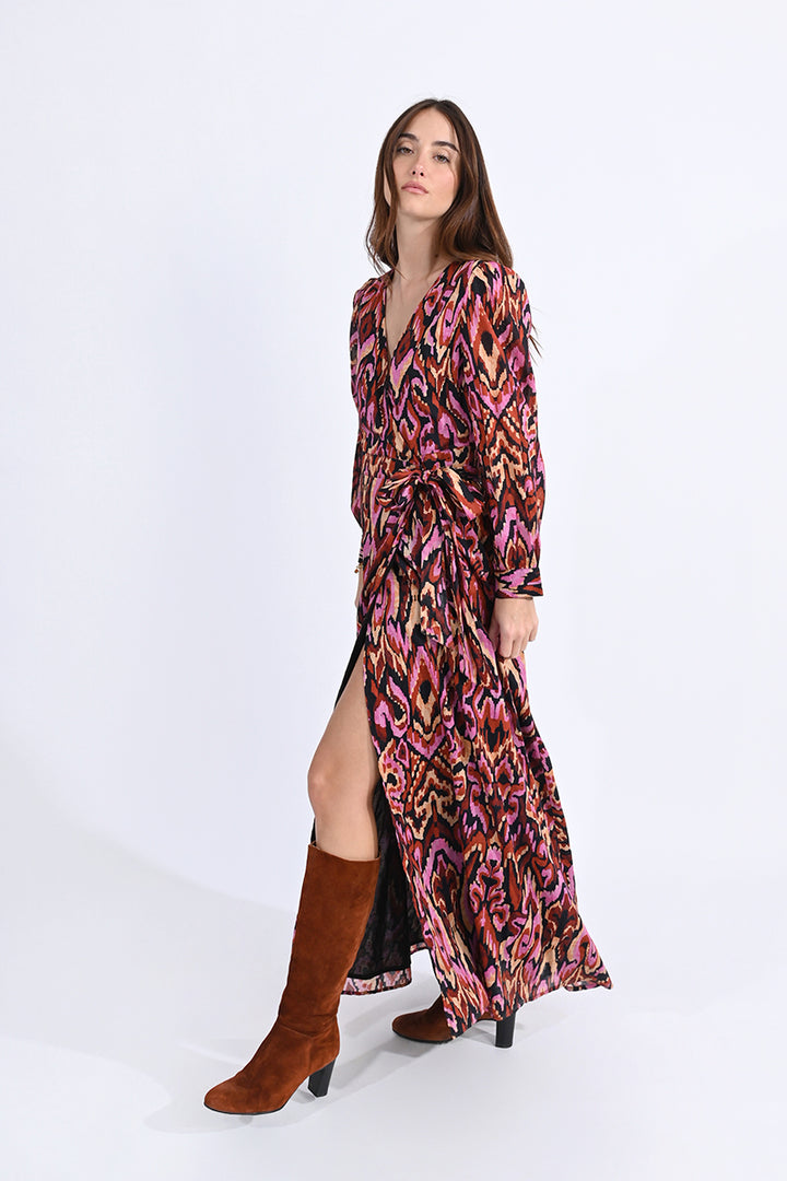 Gaia Camel Fuchsia Print Maxi Dress