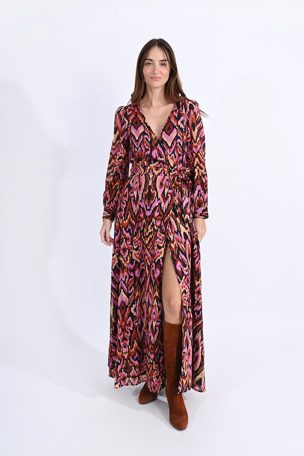 Gaia Camel Fuchsia Print Maxi Dress