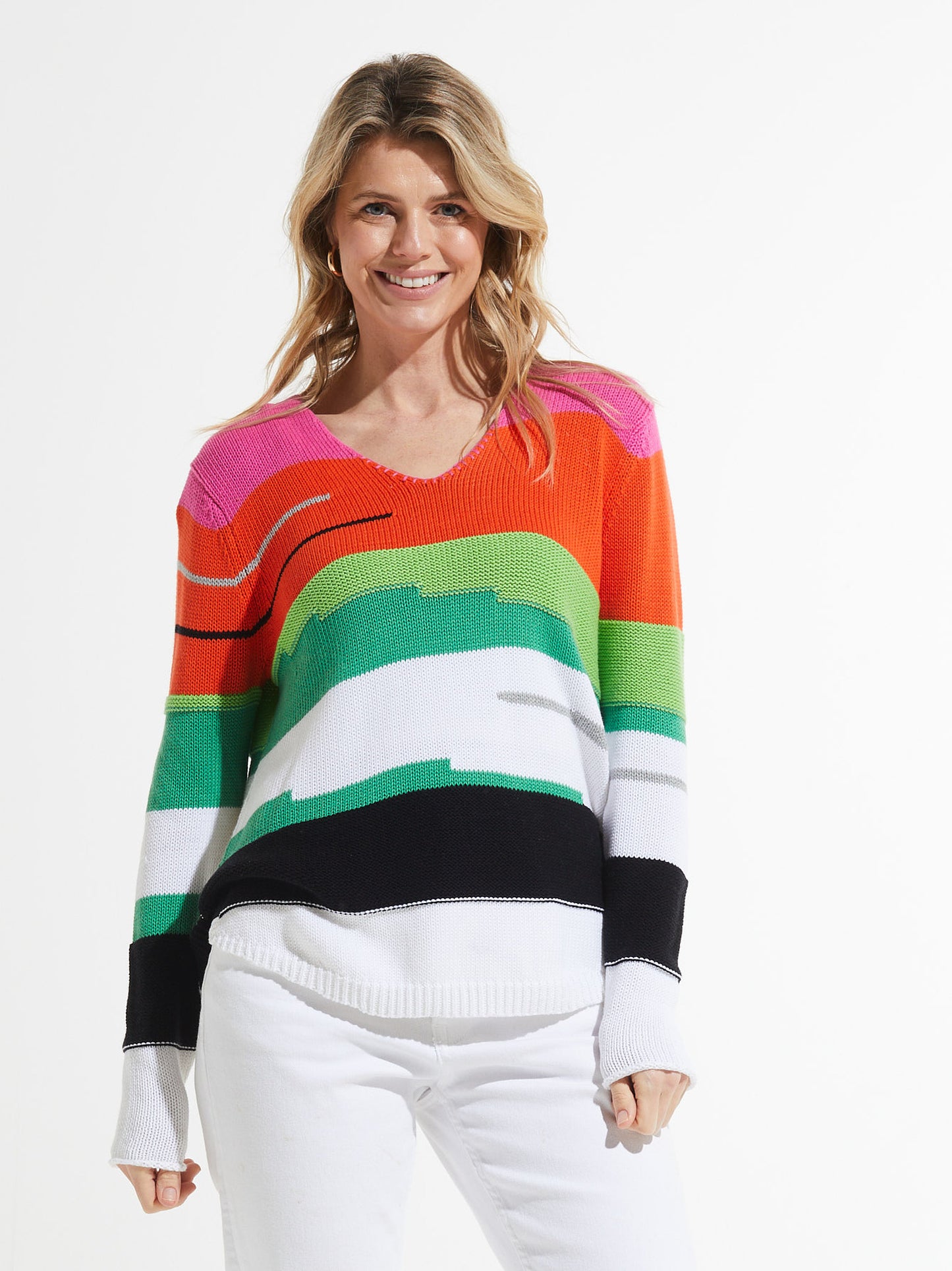 Multicolor Chunky Cotton V Neck Sweater