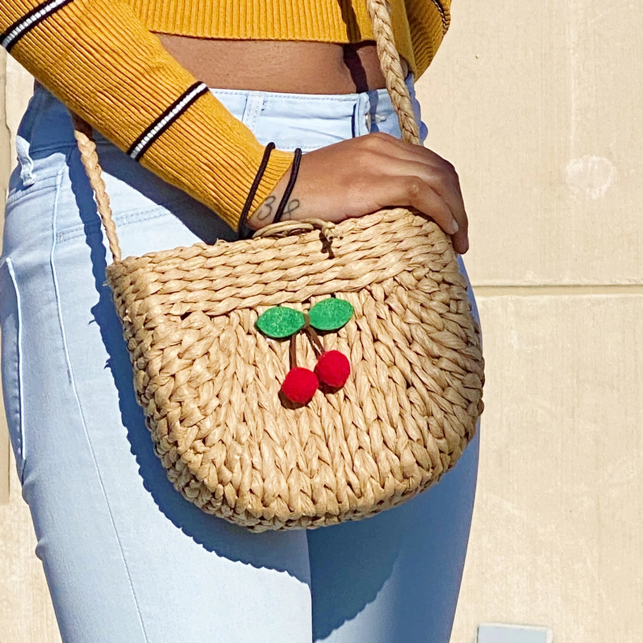 Cherry Straw Crossbody Bag