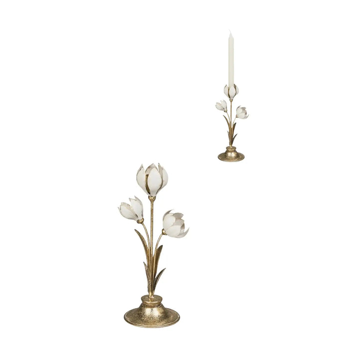 White Floral Candleholder Pair