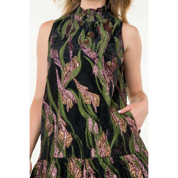 Selena Sleeveless Black & Green Metallic Dress