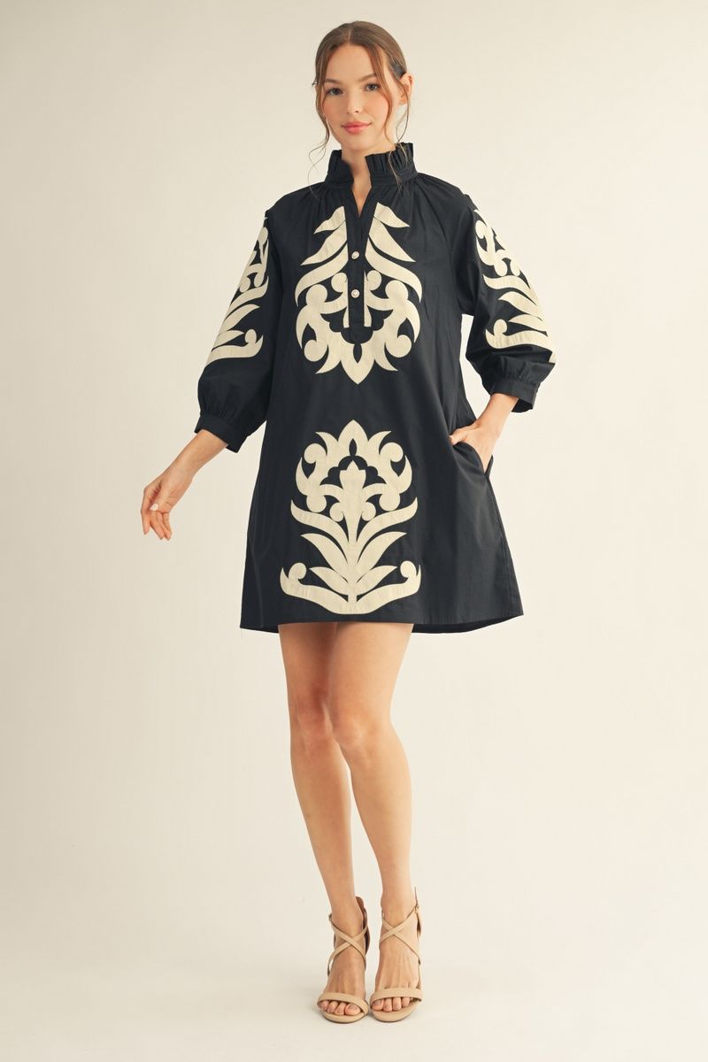 Tina Black & Cream Applique Dress