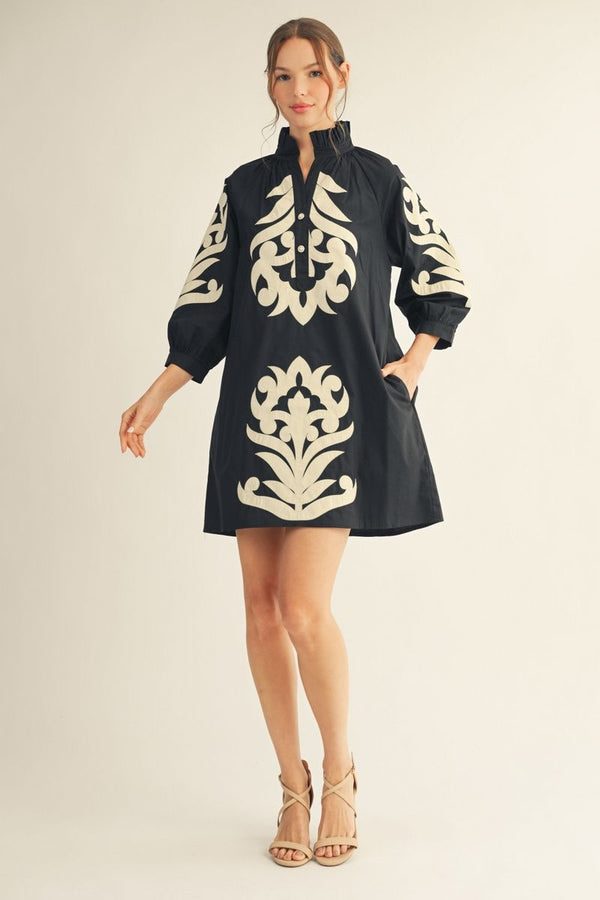 Tina Black & Cream Applique Dress