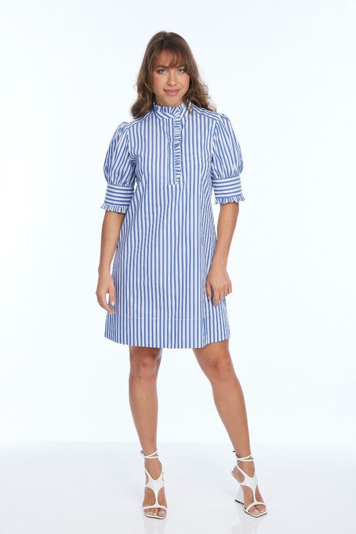 Ruffle Neck Blue Striped Dress