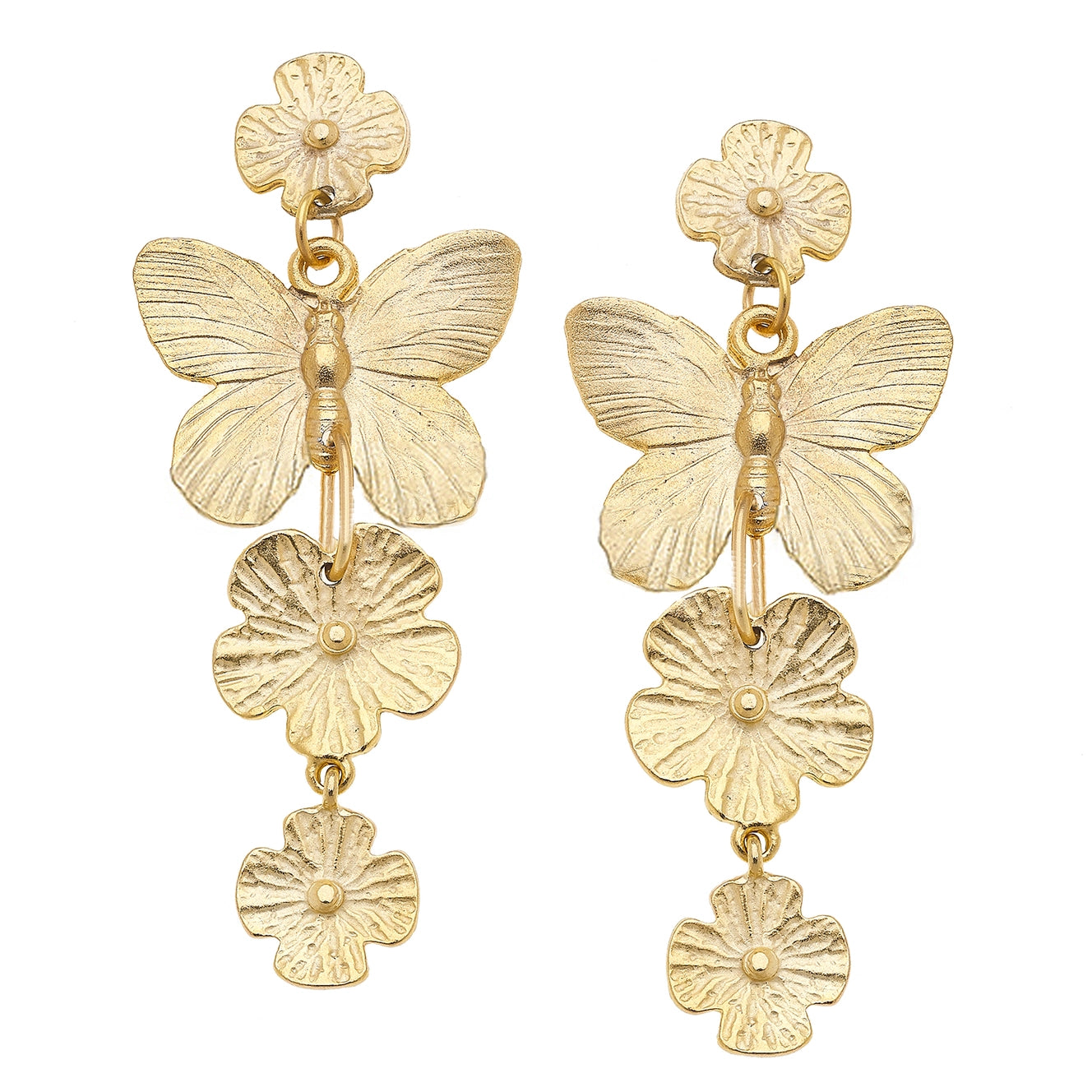 Gold Butterfly and Flower Drop Earrings