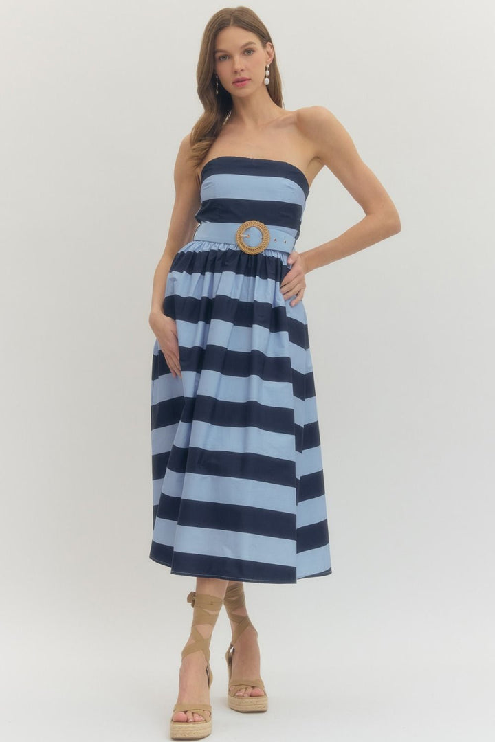 Mila Navy Striped Strapless Dress