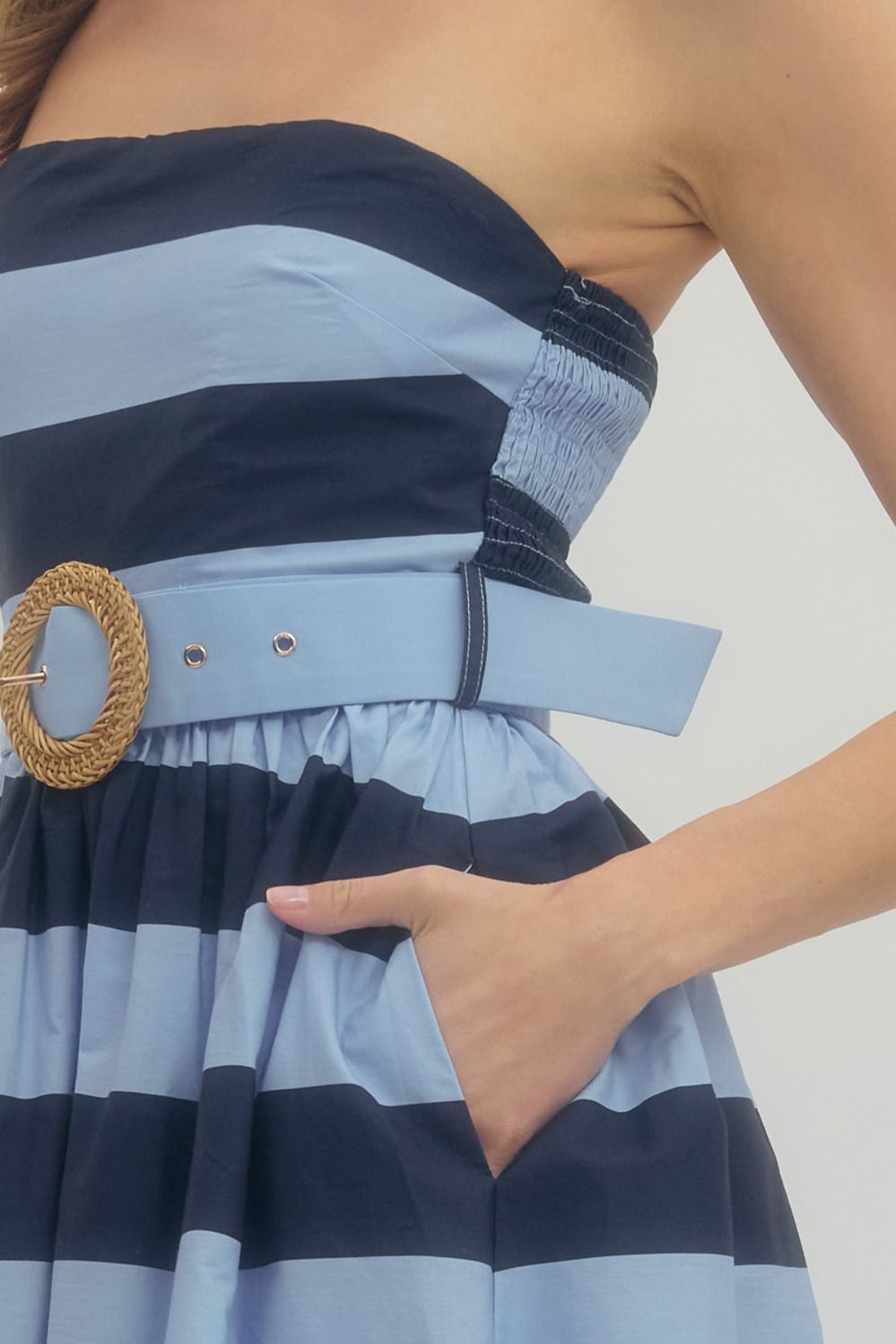 Mila Navy Striped Strapless Dress