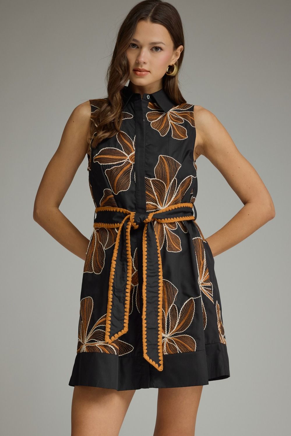 Quinn Black & Carmel Embroidered Dress