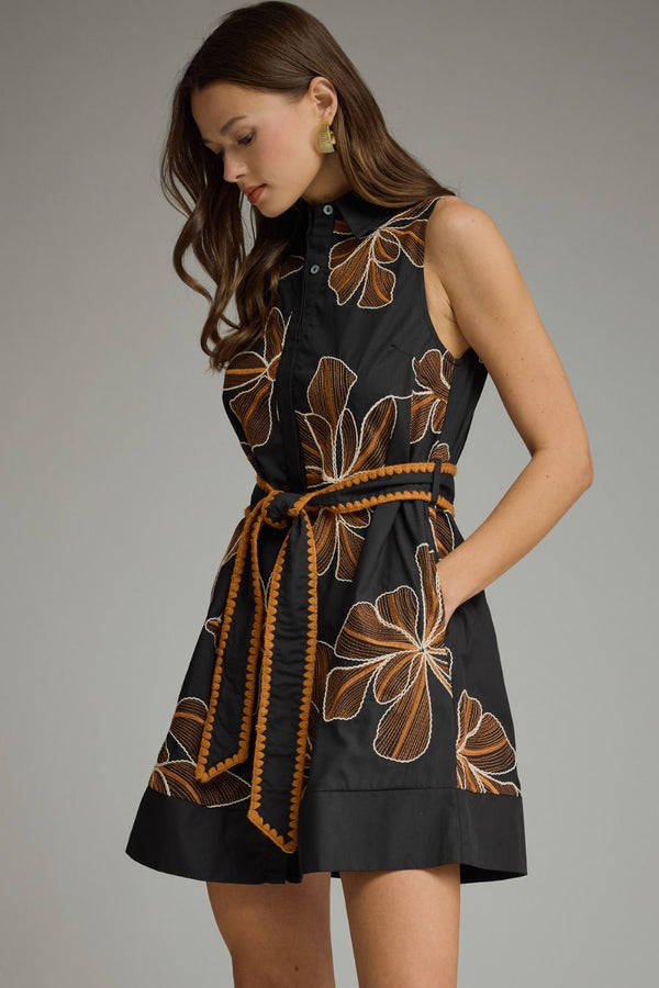 Quinn Black & Carmel Embroidered Dress