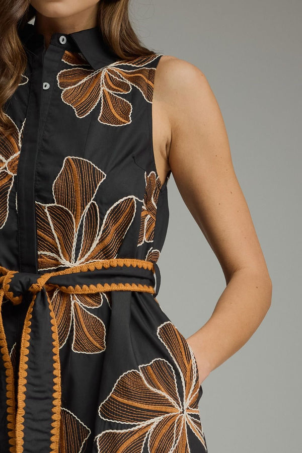 Quinn Black & Carmel Embroidered Dress