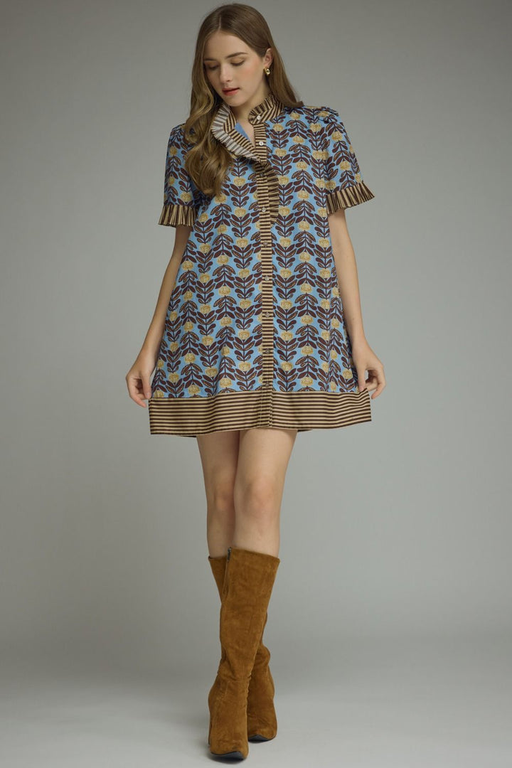 Daniella Brown & Blue Print Dress