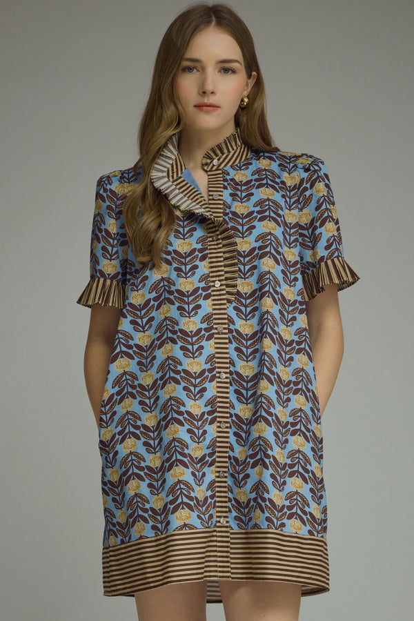 Daniella Brown & Blue Print Dress