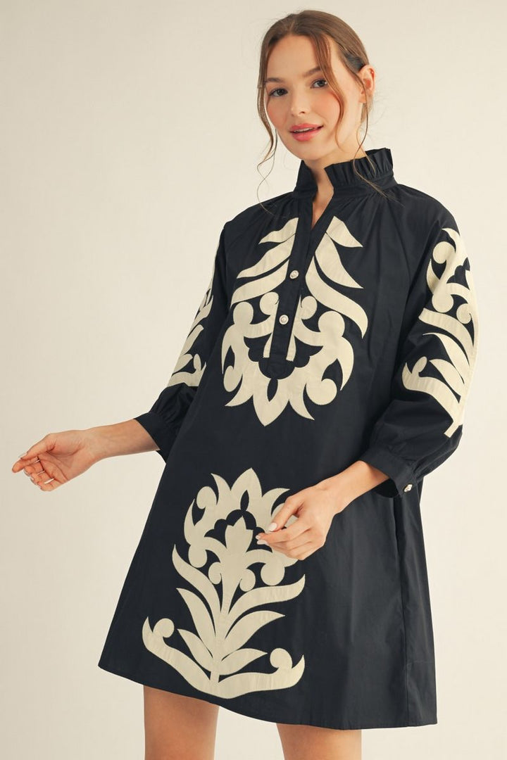 Tina Black & Cream Applique Dress