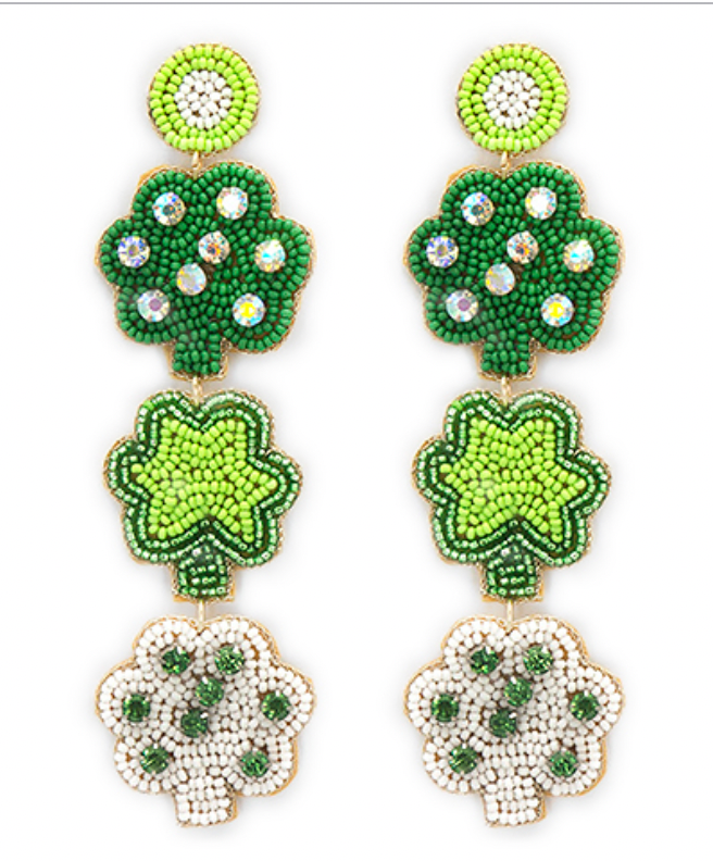 Triple Shades of Green Clover Beaded Earrings
