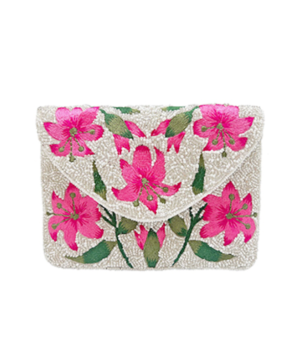 Pink Floral Embroidered & Beaded Clutch