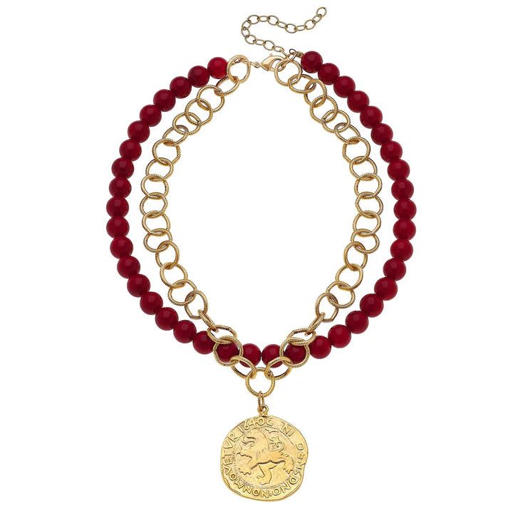 Double Strand Red Coral Gold Coin Pendant Necklace